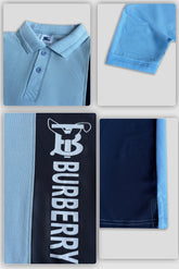 BURBARY PANEL Men’s Branded Cotton PQ Shirt in Sky-Navy Blue